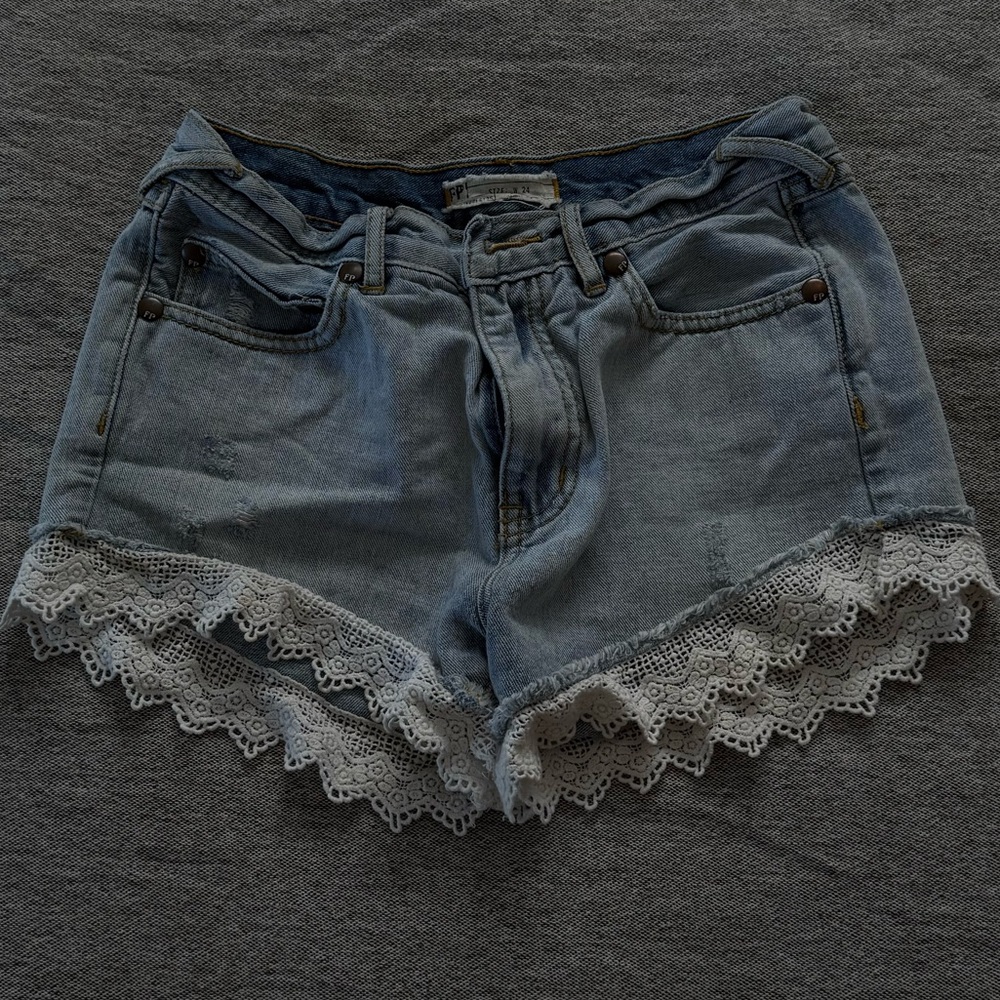 Free People Denim Lace Trim Shorts